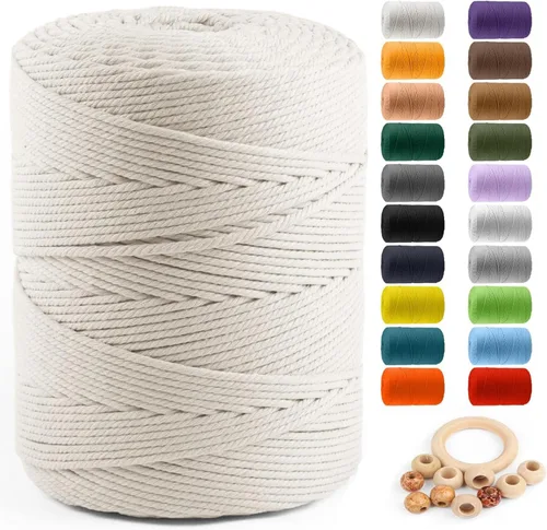 Miniatura 25 de Cuerda de algodón para macramé de 5 mm x 109 yardas, ZUEXT 100% natural hecha a mano, cuerda de algodón trenzada de 4 hebras para colgar plantas