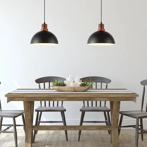 Miniatura 8 de Luces Colgantes Negras para Isla de Cocina, 11.8" Metal Martillado Negro Lámpara Colgante de Cúpula Iluminación Colgante Negra y de Madera Accesorio