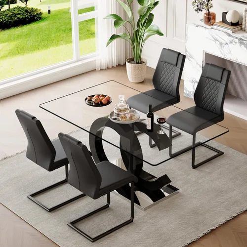 Miniatura 40 de gopop Mesa de comedor de cristal de 63 pulgadas, mesa de cocina moderna, mesa de comedor de vidrio transparente con patas de diseño único negro