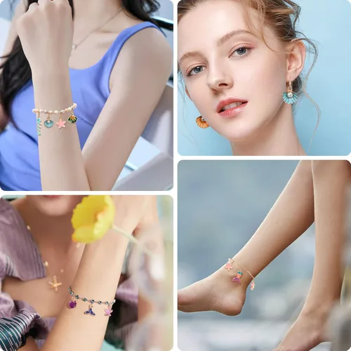 Miniatura 7 de MARFOREVER 120 dijes de mar con temática oceánica para la fabricación de joyas, esmalte dorado surtido de estrellas de mar y conchas marinas