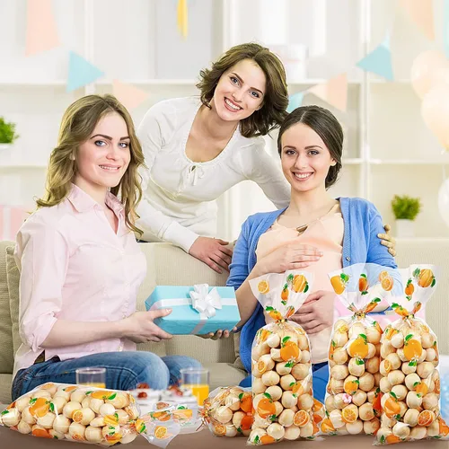 Miniatura 7 de Pajean 100 bolsas para baby shower, color naranja, de plástico, celofán, con 100 lazos dorados para galletas, aperitivos para fiesta de cumpleaños