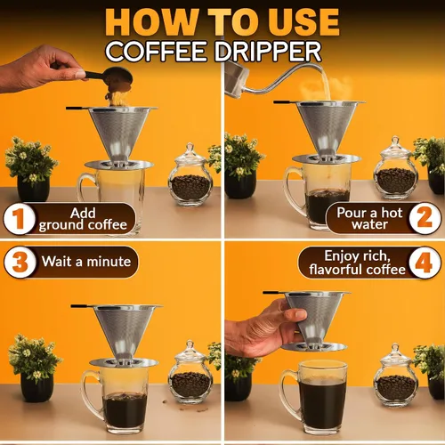 Miniatura 6 de Cafetera de acero inoxidable con cepillo de limpieza y mango de silicona antideslizante, capacidad para 2 tazas, malla 600 de malla de acero