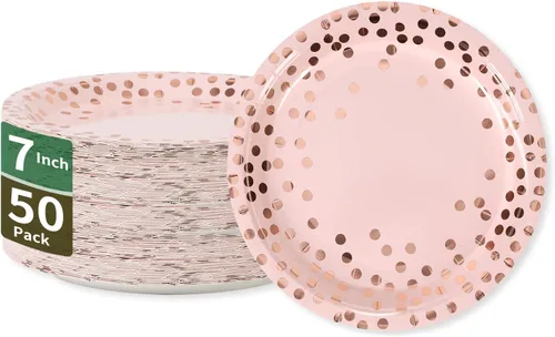 Miniatura 9 de Platos de papel para fiesta de puntos negros y oro rosa, 50 piezas desechables para fiestas, platos de papel de postre para cumpleaños, bodas