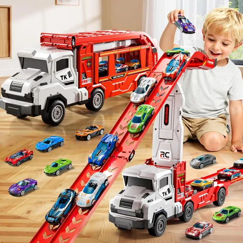 Miniatura 9 de Juego de camiones y coches para niños de 3, 4, 5, 6, 7, 8 años, juego de camiones transportadores con pista de 12 coches fundidos a presión
