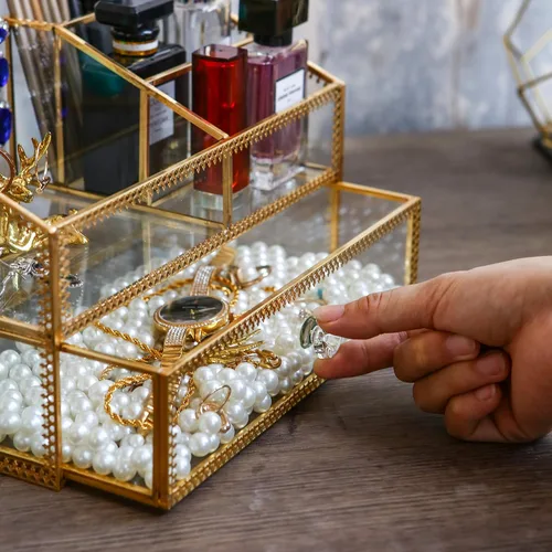 Miniatura 3 de Caja de cristal dorada, bandeja de vidrio, organizador de exhibición de maquillaje en la cómoda, almacenamiento cosmético multifuncional