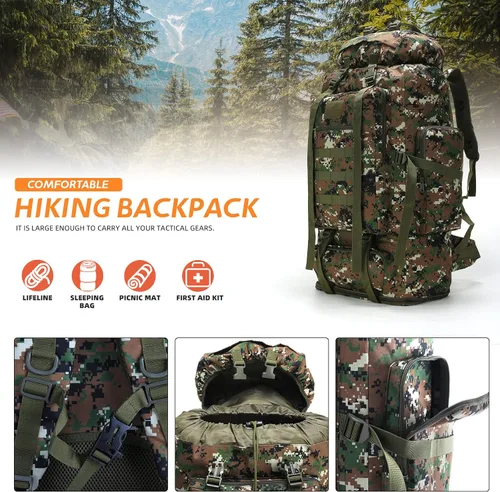 Miniatura 7 de Mochila de senderismo MOLLE de 70L/100L, mochila impermeable para viajes (camuflaje de bosque)
