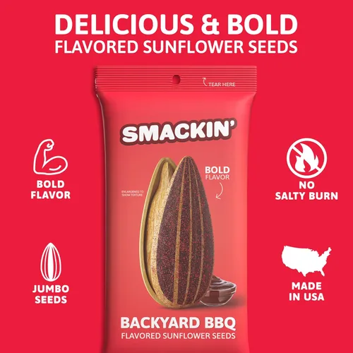 Miniatura 2 de SMACKIN' Sunflower Seeds, Lote pequeño jumbo asado, hecho en Estados Unidos, barbacoa de patio trasero. Bolsas de 1.5 onzas (paquete de 6)