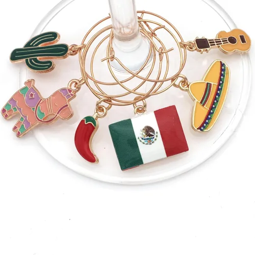 Miniatura 2 de Amuletos de copa de vino de México, idea de regalo mexicana, decoración de fiesta, juego de 6 amuletos incluye: piñata, bandera mexicana, pimiento