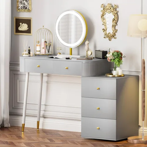 Miniatura 12 de WinZo Mesa de tocador de 24" con espejo y luces, pequeña mesa de tocador de maquillaje con 1 cajón de almacenamiento, elegante mesa de tocador