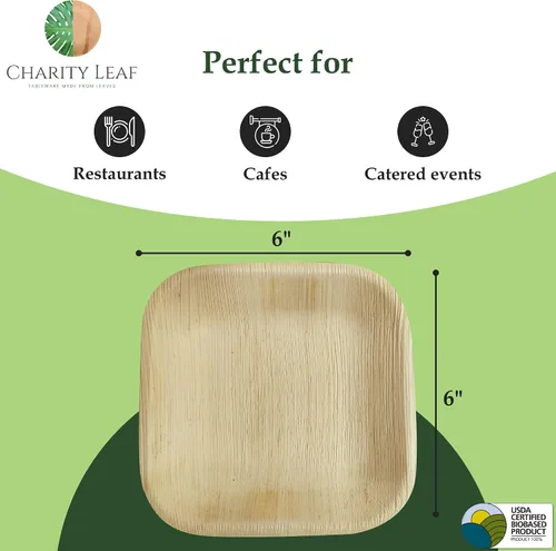 Miniatura 3 de Platos cuadrados desechables de hoja de palma Charity Leaf de 6" (15 cm) (50 piezas) Platos de servir tipo bambú, tablas desechables, vajilla