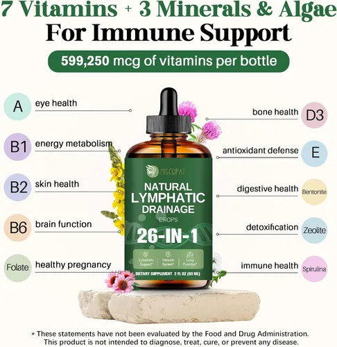 Miniatura 6 de Migcopat Gotas liposomales de drenaje linfático 26 en 1, con equinácea, cúrcuma, saúco, diente de león, vitaminas y verbascum para pulmones, sistema