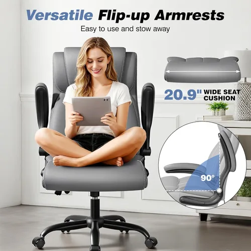 Miniatura 6 de BESTFAIR Silla ergonómica de oficina, silla de escritorio para computadora, sillas ejecutivas de cuero con respaldo alto con soporte lumbar Gris