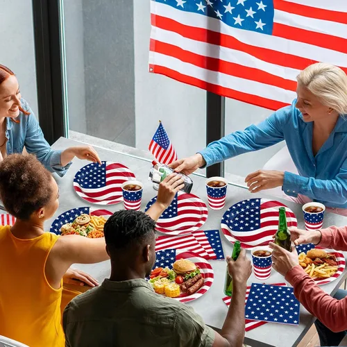 Miniatura 7 de 96 Pcs 4th of July Party Supplies Set, American Flag Patriotic Plates Napkins Cups, Disposable Red White Blue Star and Striped Dinnerware USA Flag