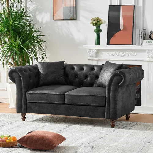 Miniatura 10 de Sofá Air de cuero copetudo para sala de estar, sofá de 3 plazas con brazo enrollado con ribete de cabeza de clavo y 2 almohadas para el cuello, sofá