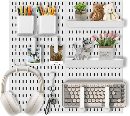 Miniatura 8 de Set de Organizador de Pared con Tablero de Clavijas – 4 Tableros con Ganchos y Estantes – Organizador de Escritorio para Oficina, Cocina, Sala