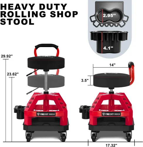 Miniatura 2 de Rolling Shop Taburete con ruedas, silla de taller mecánico de garaje con respaldo de asa, taburete de trabajo de altura ajustable, asiento