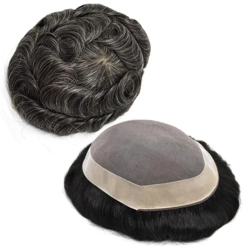 Miniatura 7 de Peluca de cabello humano monofilamento fino para hombre tipo tupé de polietileno alrededor del sistema de cabello, peluca duradera de monofilamento