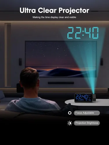 Miniatura 3 de ROCAM Reloj despertador de proyección para techo de dormitorio, reloj digital con proyector de 180° con atenuador de 5 niveles, alarma fuerte dual