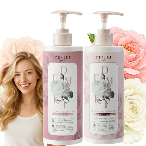 DEMIKI Juego de champú y acondicionador japonés para mujeres, champú sin sulfatos para cabello graso, sin parabenos, sin sulfatos, aroma a rosa,