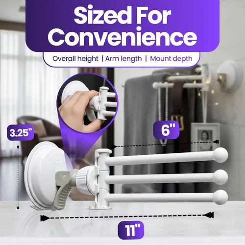 Miniatura 8 de Safe-er-Grip Changing Lifestyles Drip Dry - Estante de secado portátil, color blanco con 3 brazos móviles, barra de toalla con ventosa con brazo