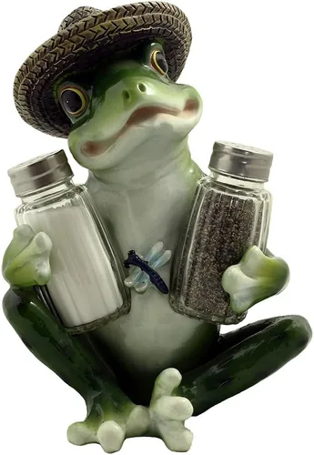 Juego de salero y pimentero decorativo de rana y libélula con soporte de exhibición, escultura de figura para decoración de mesa de cocina de campo