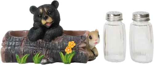 Miniatura 5 de Ebros - Oso de bebé negro sentado en tronco con ardilla, salero y pimentero, estatua de 6.75 pulgadas de largo, cabaña larga, oso caprichoso, centro