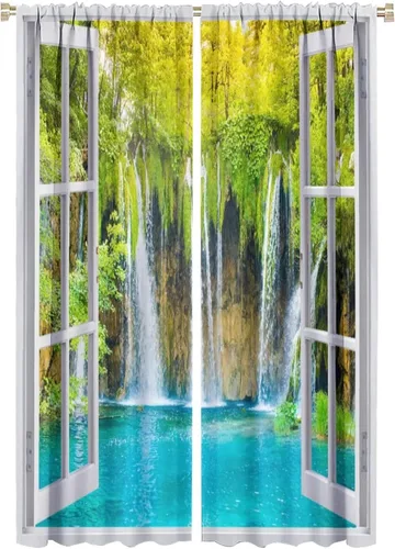 Miniatura 52 de Cortinas de paisaje, ventana tropical con vista al mar, océano, playa, barco, cortinas con estampado de palmeras para dormitorio, sala de estar, Mar