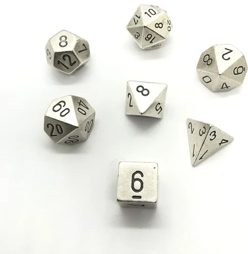 DND - Juego de dados Chessex D&D de 0.632 pulgadas, juego de dados poliédricos de metal plateado, Dungeons and Dragons incluye 7 dados – D4 D6 D8