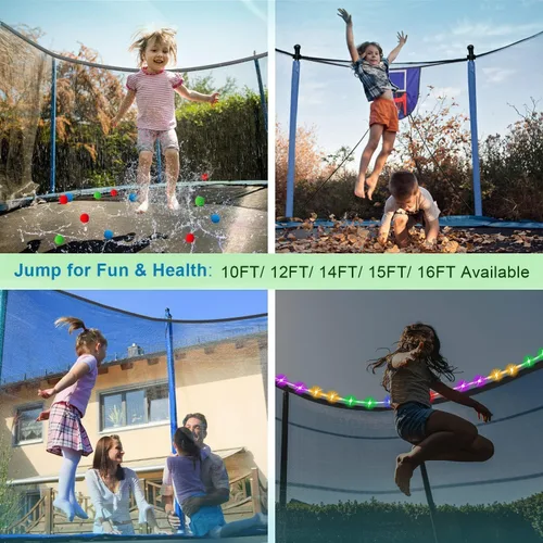 Miniatura 9 de 1500 libras 10 12 14 15 16 pies para adultos y niños con rociador, luces, aro de baloncesto, bolas de agua, 16 calcetines, trampolín recreativo