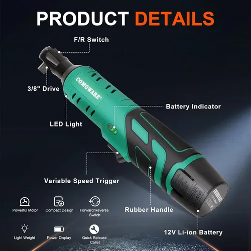 Miniatura 7 de COMOWARE Kit de llave de trinquete eléctrica inalámbrica 3/8, par de 40 ft-lbs, potencia de 12 V, 8 dados, luz LED, cargador rápido, diseño