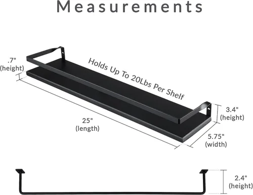 Miniatura 3 de Peter's Goods Estantes flotantes de pared con riel, grandes, color negro moderno, juego de 2 estantes con toallero - Estante de madera montado
