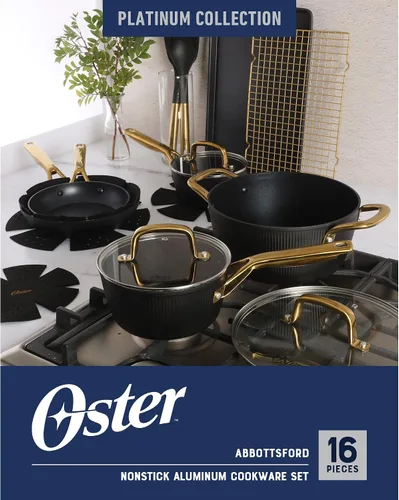 Miniatura 2 de Oster Platinum Abbottsford - Juego de utensilios de cocina de inducción antiadherentes de cerámica sin PFA, 16 piezas, color negro con dorado