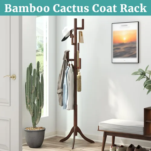 Miniatura 2 de Perchero independiente, soporte de bambú con cactus de bambú, altura ajustable, árbol de madera con 6 ganchos, perchero para niños, utilizado