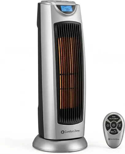 Comfort Zone CZ499R - Calentador de torre de cerámica oscilante de 1,500 vatios con control remoto, oscilación de 90 grados, termostato digital