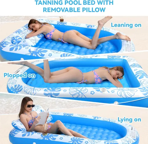 Miniatura 5 de Flotador Inflable para Piscina de Bronceado con Almohada Cervical - Flotadores de Piscina para Adultos para Tomar el Sol, Patio Trasero, Fiesta