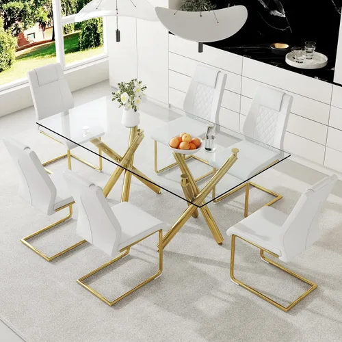 Miniatura 17 de Ebullient Moderno juego de mesa de comedor para 6, mesa de comedor de cristal de 71 pulgadas y patas de mesa de metal dorado, mesas de comedor