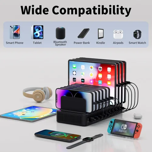 Miniatura 5 de Estación de carga de 60 W para múltiples dispositivos, estación de carga rápida USB de 10 puertos con divisores ajustables, base de carga