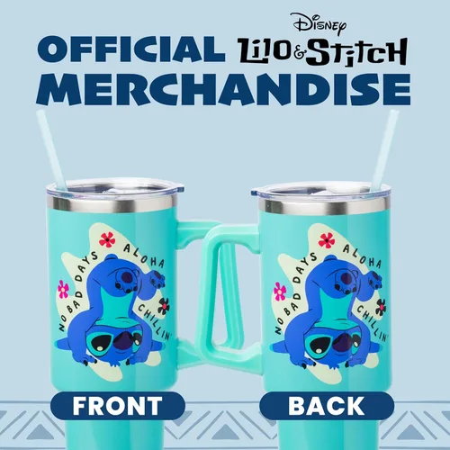 Miniatura 6 de Silver Buffalo Disney Lilo and Stitch Aloha - Vaso de acero inoxidable de doble pared con asa y pajilla, se adapta al portavasos estándar, 40 onzas