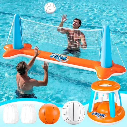 Miniatura 15 de JOYIN Juego de flotador de piscina inflable con red de voleibol y aros de baloncesto; bolas incluidas para niños y adultos, juego de piscina