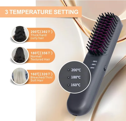 Miniatura 3 de Hot Comb Eléctrico, cepillo alisador de pelo inalámbrico, mini cepillo de pelo, peine térmico con 3 ajustes de temperatura, alisador de pelo