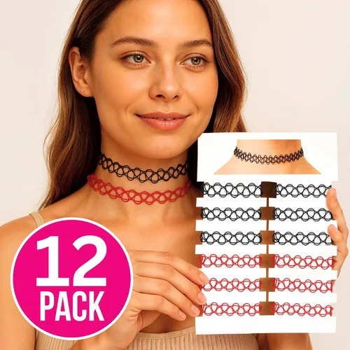 Miniatura 28 de BodyJ4You Juego de 12 gargantillas elásticas estilo tatuaje, accesorios y joyería de los años 90 y 2000, rosado, azul, verde, colorido, arcoíris