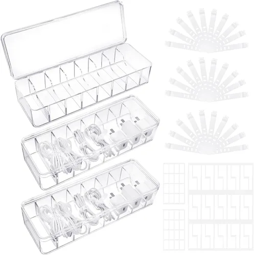 ProSuites - Caja organizadora de cables con tapa, 3 organizadores de almacenamiento de cables transparentes con 30 bridas para cables, 62 etiquetas