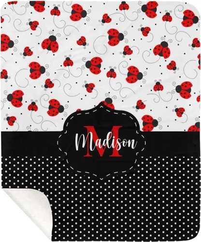 Miniatura 9 de Manta de forro polar con monograma y diseño de lunares negros con nombre para niñas que duermen con diseño de mariquita, 50 x 60 pulgadas, regalo