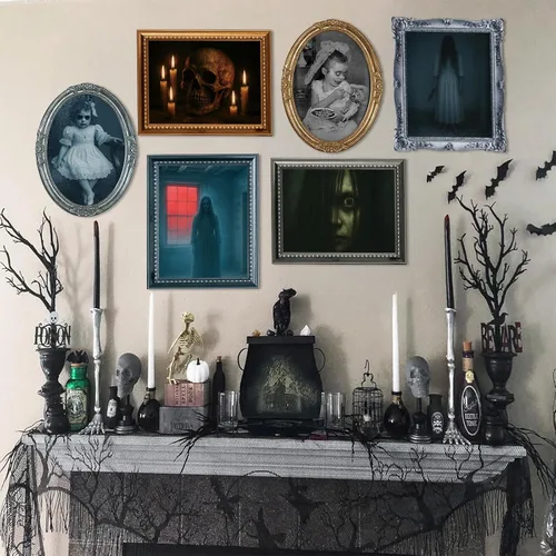 Miniatura 5 de Decoración de Halloween para interiores, decoración de pared aterradora, póster de 10 piezas, marcos espeluznantes, retratos, imágenes, decoración