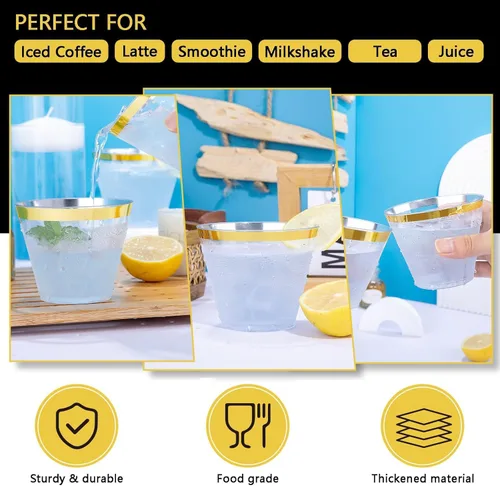 Miniatura 4 de Hioasis 200 Piezas Vasos Transparentes de 9 OZ - Vasos Desechables de Plástico con Borde Dorado, Resistentes y Sin BPA para Fiestas, Bodas