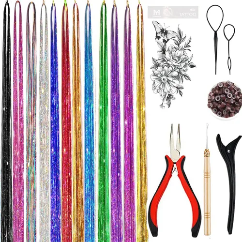 Kit de Cabello de Oropel con Herramientas, 16 Colores, 8000 Hebras, Oropel, Resistente al Calor, Brillante, Extensiones de Cabello de Oropel de 48