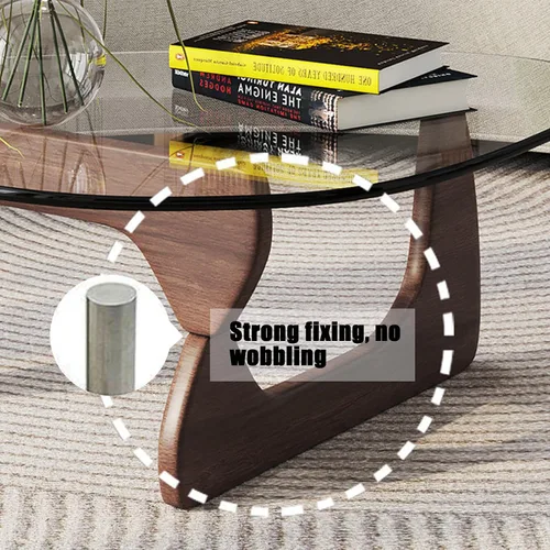 Miniatura 3 de Mesa de café triangular en nogal con base sólida de madera moderna de mediados de siglo y mesa de café de vidrio transparente triangular para sala