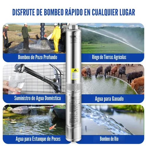 Miniatura 9 de VEVOR Bomba Sumergible de Pozo Profundo, 1HP 115V/60Hz, Flujo de 37gpm Cabeza de 207ft, con Cable Eléctrico de 33ft, Bomba de Agua de Acero