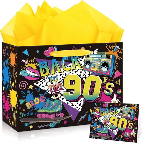 Bolsa de regalo de cumpleaños de los años 90 para hombres y mujeres, bolsas de recuerdos de fiesta temática retro de los años 90 con papel de seda y