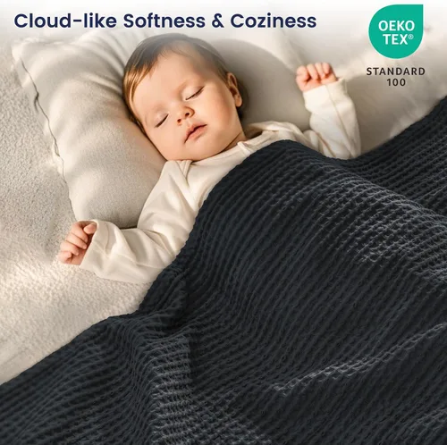 Miniatura 3 de PHF Manta de Tiro de Tejido Gofre 100% Algodón 50" x 60" - Ligera Lavada Suave Transpirable para Adultos y Niños - Capa Perfecta para Sofá Cama Negro